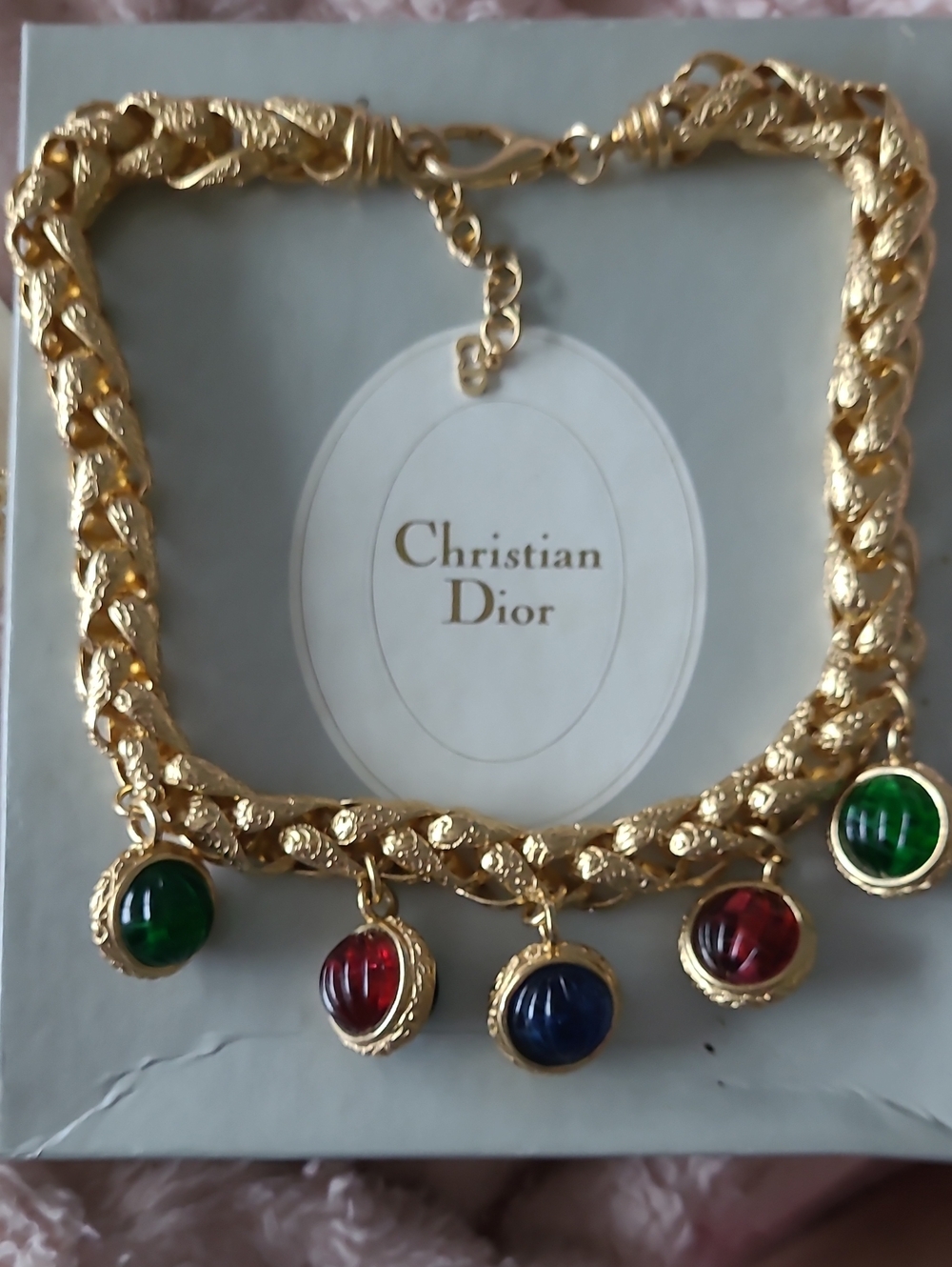 Dior Gold-Tone Necklace with Green, Red & Blue Cabochons
